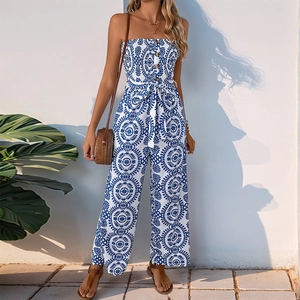 Combinaison Femme Décontractée Bohème Smockée Bandeau Taille Haute Jambe Large Pantalon Long Été Plage Vacances Tenue