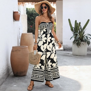 Women Summer Floral Print Strapless Tube Top Backless Wide Leg Jumpsuit Bohemian Resort High Waist Sleeveless Long Romper
