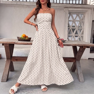 Bohemian Polka Dot Tube Top Maxi Dress For Women Summer Sleeveless High Waist Smocked A-Line Beach Vacation Long Dress