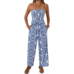 Combinaison bustier femme motif mandala bleu avec ceinture à nouer et jambes larges