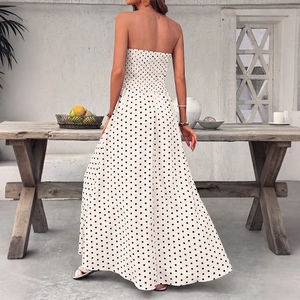 Summer strapless white maxi dress with black polka dots and shirred bodice for women