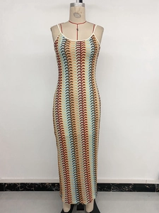 Detail view of the colorful bohemian knit maxi dress featuring wave patterns and slim fit