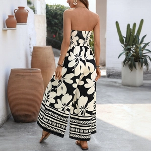 Floral print strapless wide-leg jumpsuit with smocked bodice for summer vacations