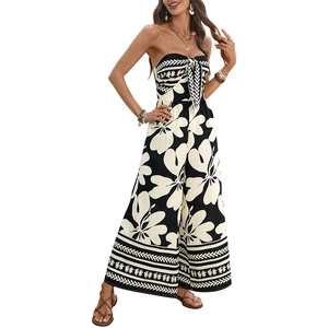 Bohemian floral strapless jumpsuit with bow-tie chest and wide-leg summer silhouette