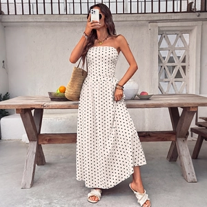 Summer strapless white polka dot maxi dress with smocked waist for elegant resort style