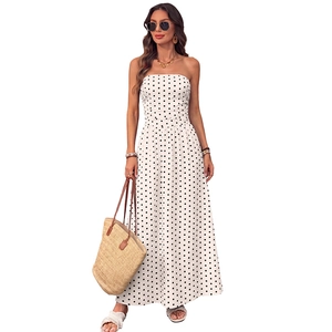 Summer strapless white maxi dress with black polka dots and smocked waist for women
