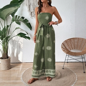 Bohemian strapless dark green jumpsuit with white mandala print and waist tie belt
