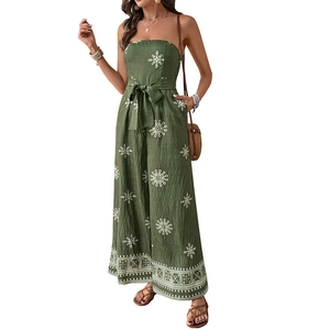 Bohemian olive green strapless wide-leg jumpsuit with floral print and waist belt