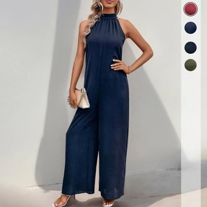 Women Halter Neck Backless Wide Leg Jumpsuit Elegant Sleeveless High Waist Solid Color Summer Casual One Piece Outfit Jumpsuit