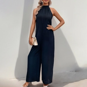 Women's chic black halter neck sleeveless wide-leg jumpsuit with backless tie detail