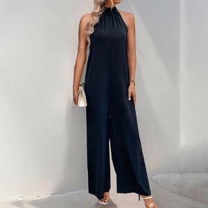Elegant black halter neck sleeveless jumpsuit with wide-leg design for women
