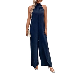 Elegant dark blue halter neck satin jumpsuit with wide leg cut and high collar design