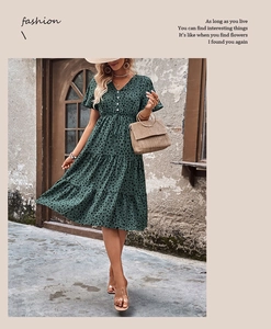 Detail of dark green polka dot V-neck dress with white buttons and ruffled short sleeves