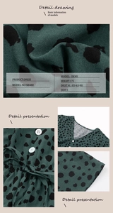 Detail of dark green leopard print dress with V-neckline, white buttons and waist drawstring