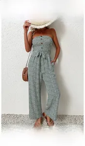 Floral bandeau wide leg jumpsuit with waist tie detail for summer vacation beach style