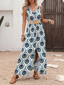 Detail of V-neck bohemian maxi dress with blue floral print and woven belt with buckle