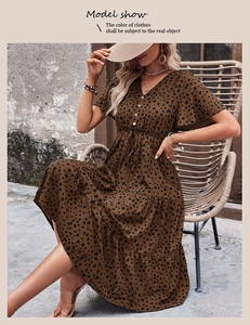 Detail of V-neck button front and ruffle bell sleeves on brown polka dot dress