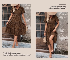 Detail of V-neck ruffled sleeve dress with polka dot print and button-down front style