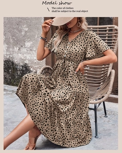 Detail of V-neck leopard print dress featuring a button-down front and tiered skirt