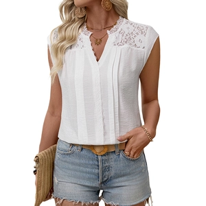 White V-neck sleeveless top with floral lace patchwork and vertical pleats for summer