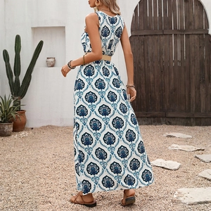 Sleeveless long bohemian dress with blue ethnic damascus print and woven waist belt