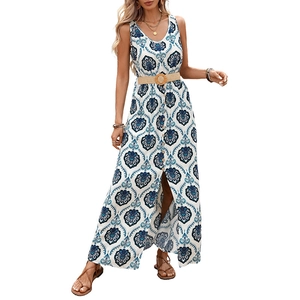 Boho sleeveless V-neck maxi dress with blue floral print, waist belt and side slit