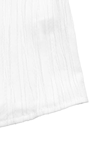 Macro detail of white V-neck shirt fabric showing vertical crinkle texture and fine stitching