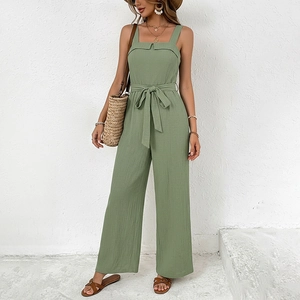 Women Sleeveless Square Neck Jumpsuit Sage Green Crinkle Rayon Blend Wide Leg Tie Waist Summer Vacation Casual Jumpsuit