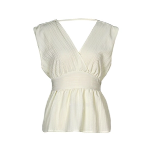 Blouse élégante ivoire sans manches à col en V avec texture plissée et ceinture à la taille