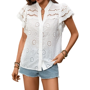 White V-neck lace eyelet shirt with floral embroidery and ruffled short sleeves for summer