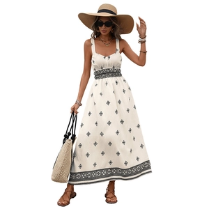White Bohemian sleeveless long dress with ethnic print and square neckline for summer