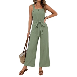 Sage green sleeveless wide leg jumpsuit with waist tie for summer vacation wear