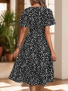 Detail of tiered midi dress with V-neck and black and white leopard print pattern
