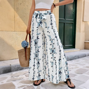 Bohemian Floral Print Tiered Wide Leg Pants For Women High Waist Lace Up Bow Summer Beach Casual Long Trousers