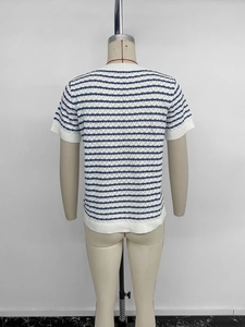 Close-up of blue and white striped knit fabric texture with ribbed hem on casual short sleeve tee