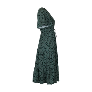 Detail of dark green leopard print dress with V-neck, waist drawstring and tiered skirt