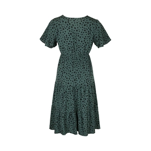 Detail of dark green tiered leopard print dress with elastic high waist and ruffle sleeves