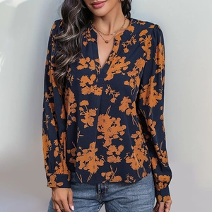 Elegante Damen Bluse Marineblau Blumendruck V-Ausschnitt Langarm Locker Chiffon Hemd Casual Pendler Oberteil