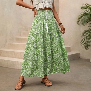 Bohemian Paisley Print Tiered Maxi Skirt For Women Summer Vacation Green White High Waist Drawstring Tassel A-Line Long Skirt