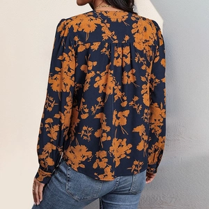 Damen Langarmbluse mit Blumenprint und V-Ausschnitt, elegante Rückenfalte in Marineblau
