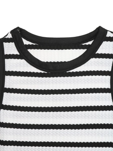 Detailaufnahme des Rundhalsausschnitts am schwarz-weiß gestreiften Waffelstrickkleid