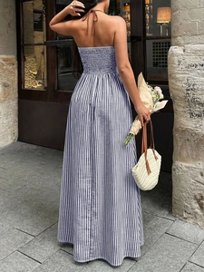 Back view of a blue striped halter dress with smocked bodice and wide flowy hemline