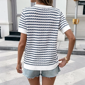 Women's classic navy blue striped knit short sleeve t-shirt shown from a back street view