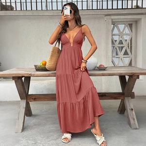 Sexy deep V-neck terracotta tiered maxi dress with backless design for summer resort wear