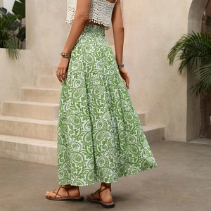 Green paisley high waist tiered maxi skirt with tassel drawstring for summer beach vacation