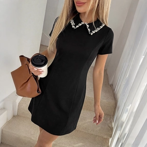 Elegant Black Short Sleeve Mini Dress With Artificial Pearl Beaded Peter Pan Collar Vintage Hepburn Style Women Summer T-Shirt Dress