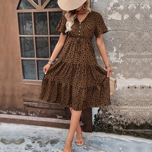 Women's V-neck leopard print midi dress with short sleeves and a tiered ruffle skirt