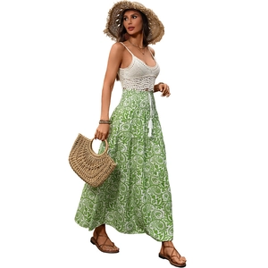 Bohemian paisley print maxi skirt with high waist and tiered design in green and white