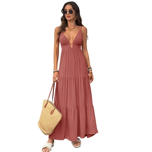 Sexy deep V-neck backless tiered maxi dress in brick red with spaghetti straps