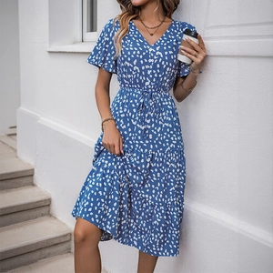 Blue floral V-neck midi dress with ruffled short sleeves and drawstring waist for summer
